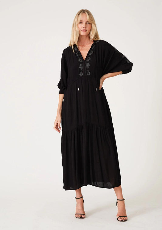 Embroidered Dolman Sleeve Split Neck Maxi Dress