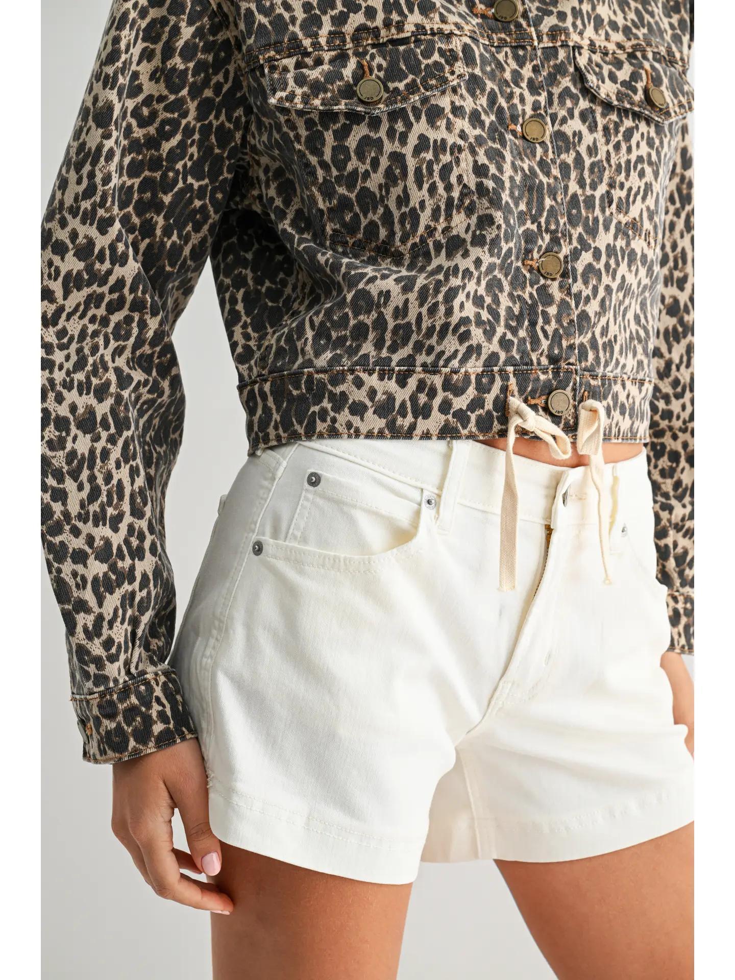 Adjustable Cropped Denim Jacket - Leopard