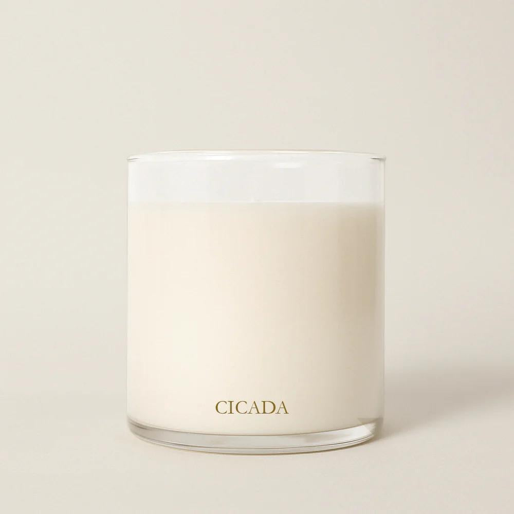 white candle in clear glass against white background 