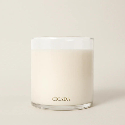 white candle in clear glass against white background 