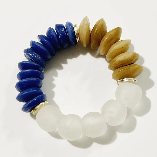 Bone, Blue Ashanti Glass & Recycled Glass Stretch Bracelet