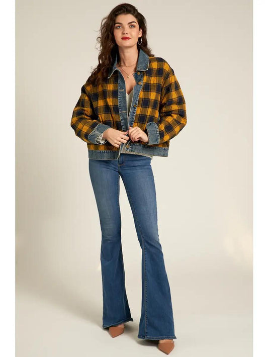 Plaid Denim Jacket- Mustard/Navy