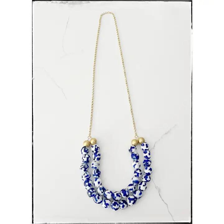 Double Chain Necklace Recycled Glass Bead Gold Blue Speckled