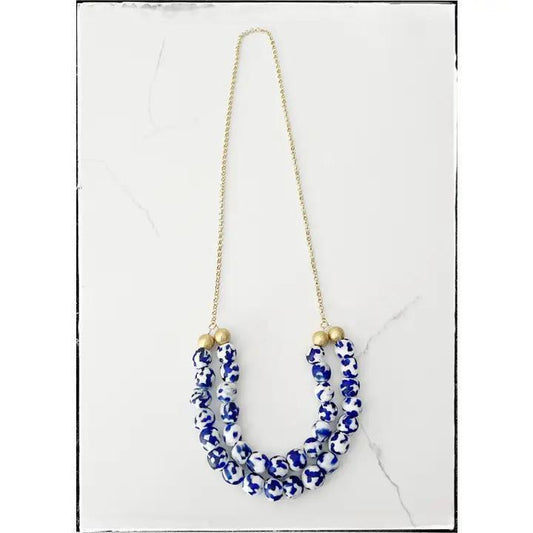Double Chain Necklace Recycled Glass Bead Gold Blue Speckled