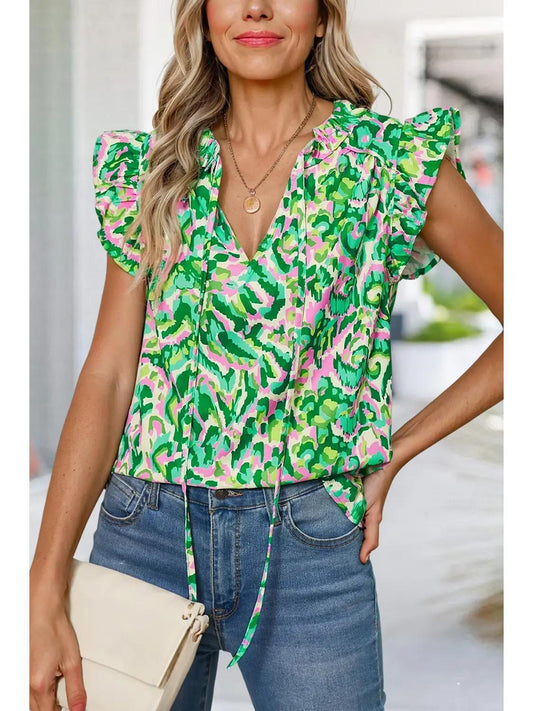 Abstract Print Ruffled Trim Tied Tank Top