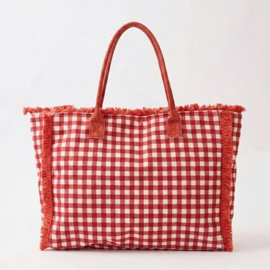 Checkered Fringe Trim Tote Bag