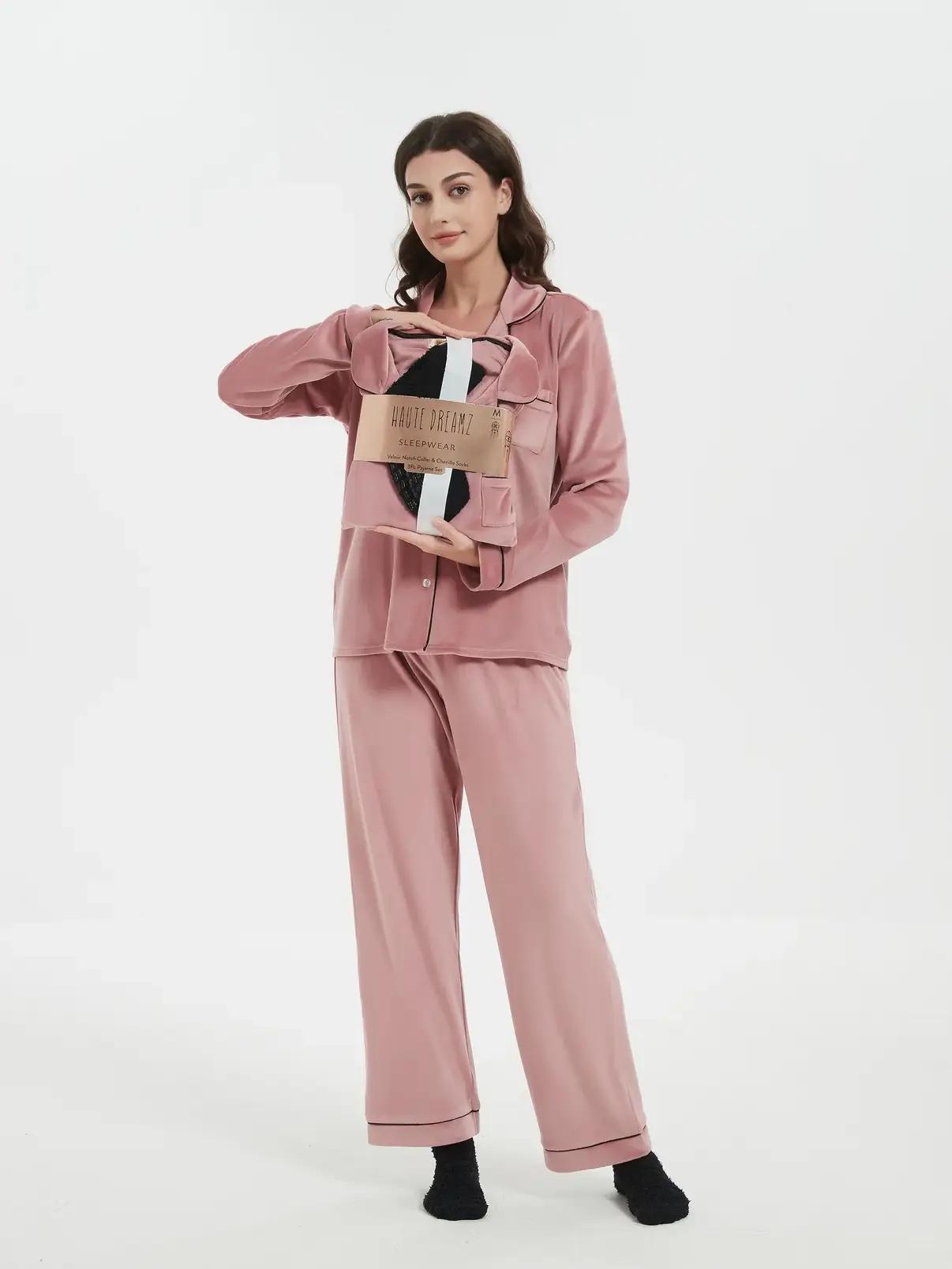 3-Piece Gift Set: Velour Plush Pajama Set with Cozy Socks