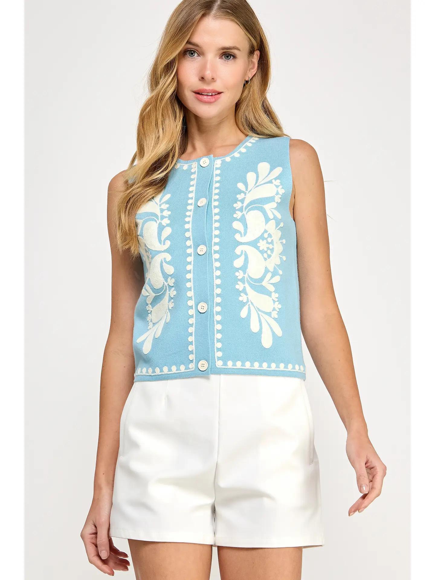 Embroidered Sleeveless Knitted Vest Top