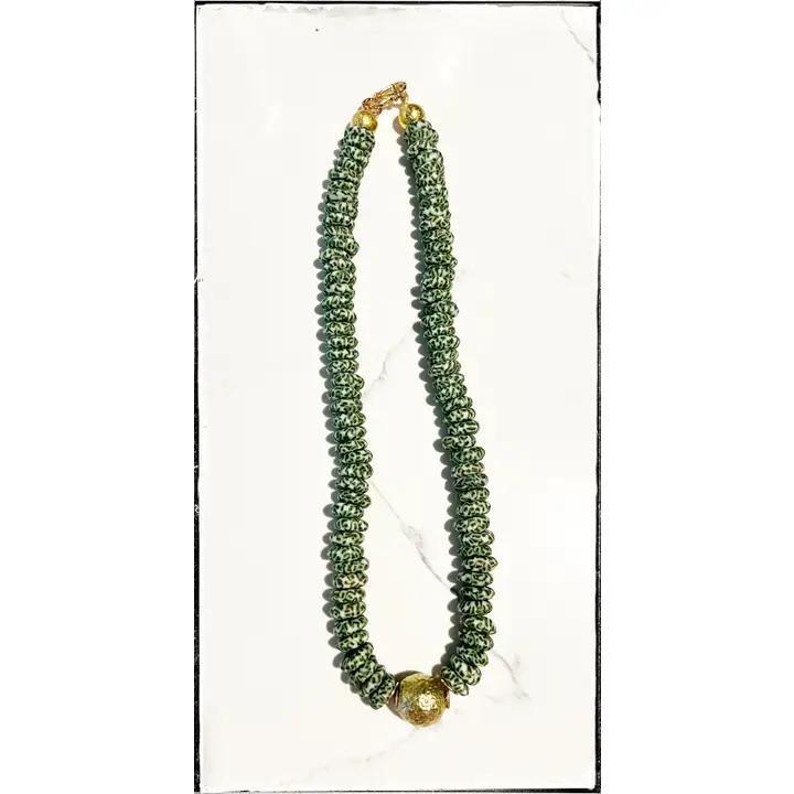 Green Earth Recycled Glass Short Necklace Brass Ball Pendant