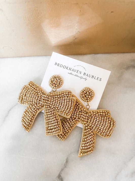 Gold Bow Beaded Statement Christmas Earrings