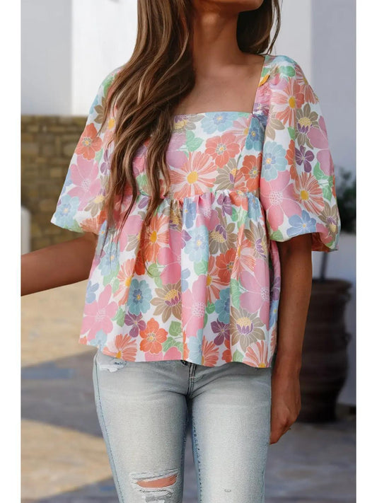Women Floral Puff Sleeve Square Neck Babydoll Blouse