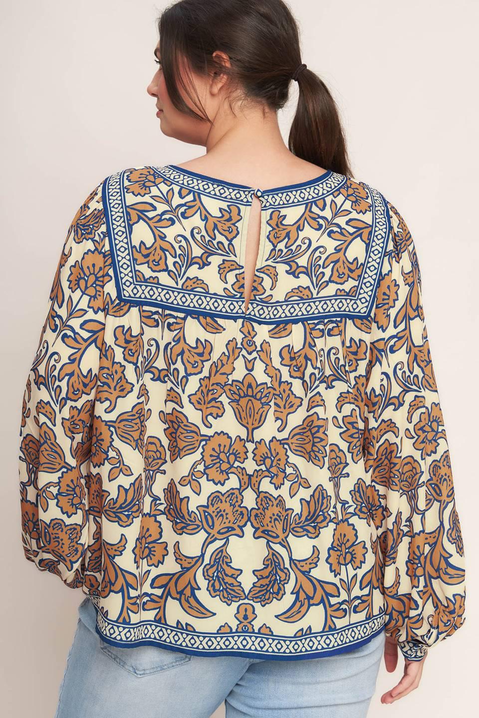 Cream Navy Printed Woven Top