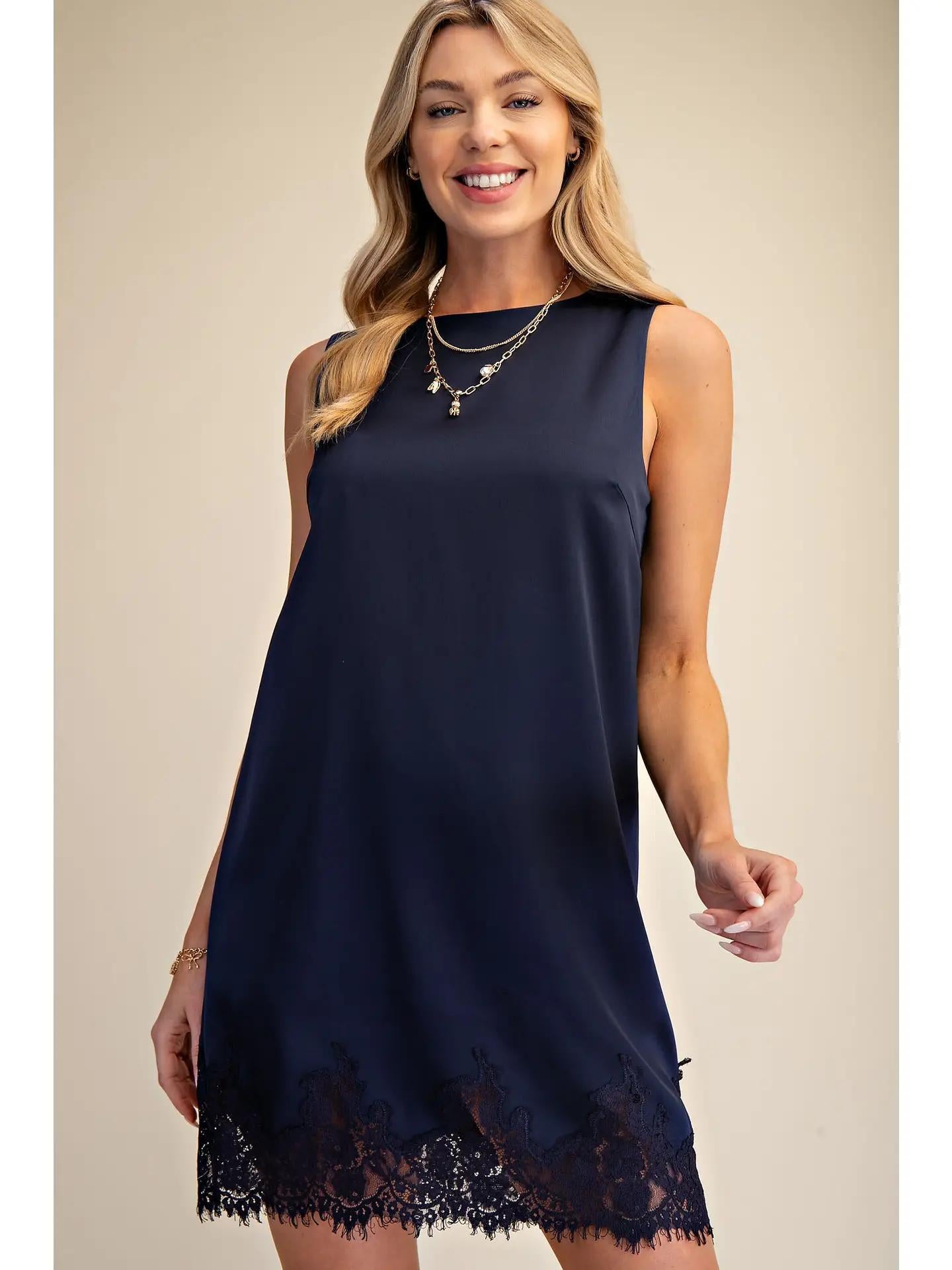Round Neck Sleeveless Lace Detail Satin Shift Dress