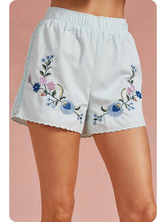 Embroidered Floral Lace Detail Scalloped Shorts