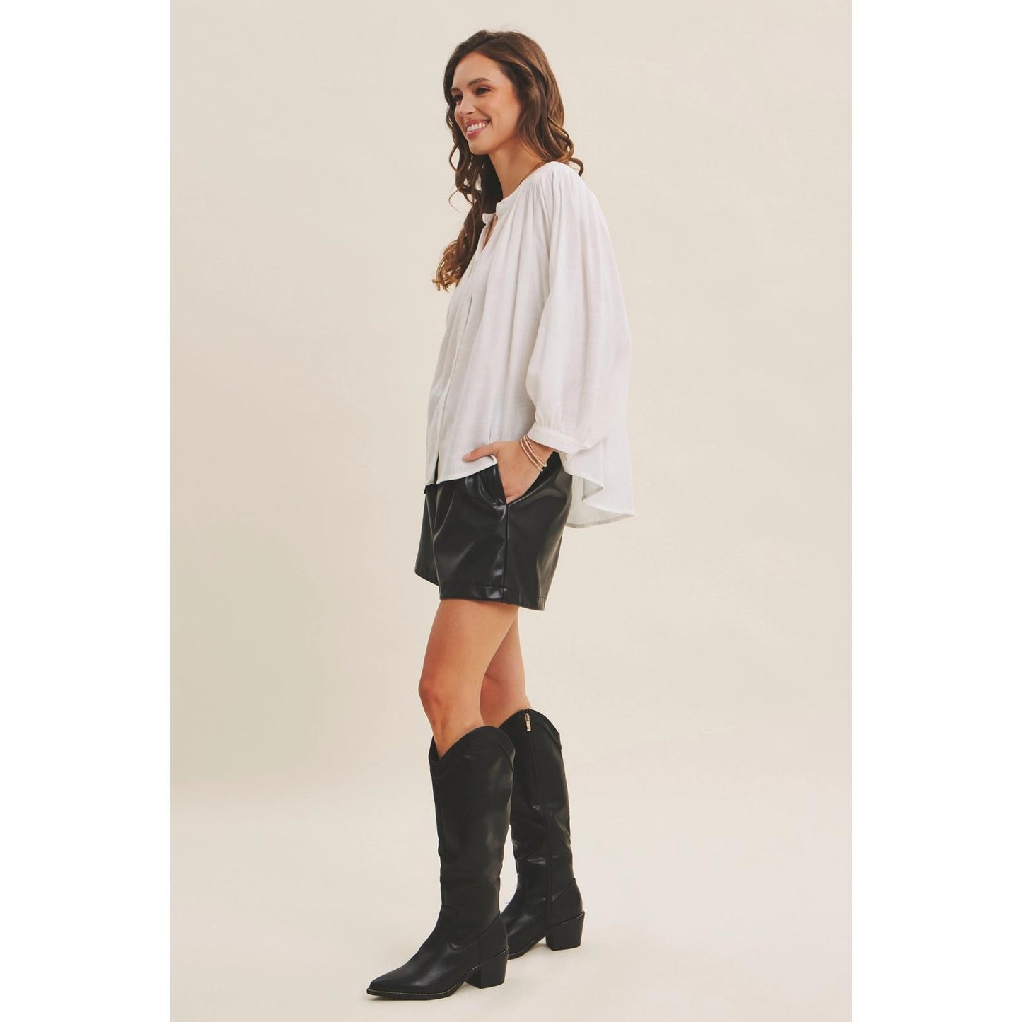 Off White Linen Blend Oversized Button-Down Blouse