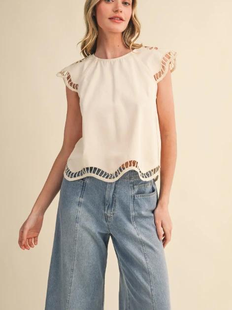 Embroidered Cut-Out Cap Sleeve Top