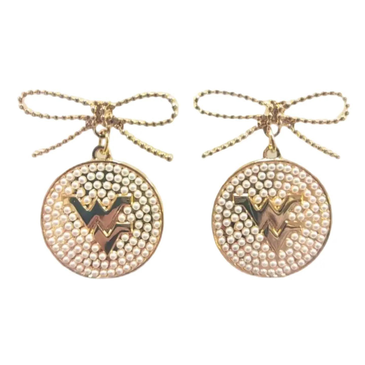 West Virginia Pearl Bow Medallion Earrings