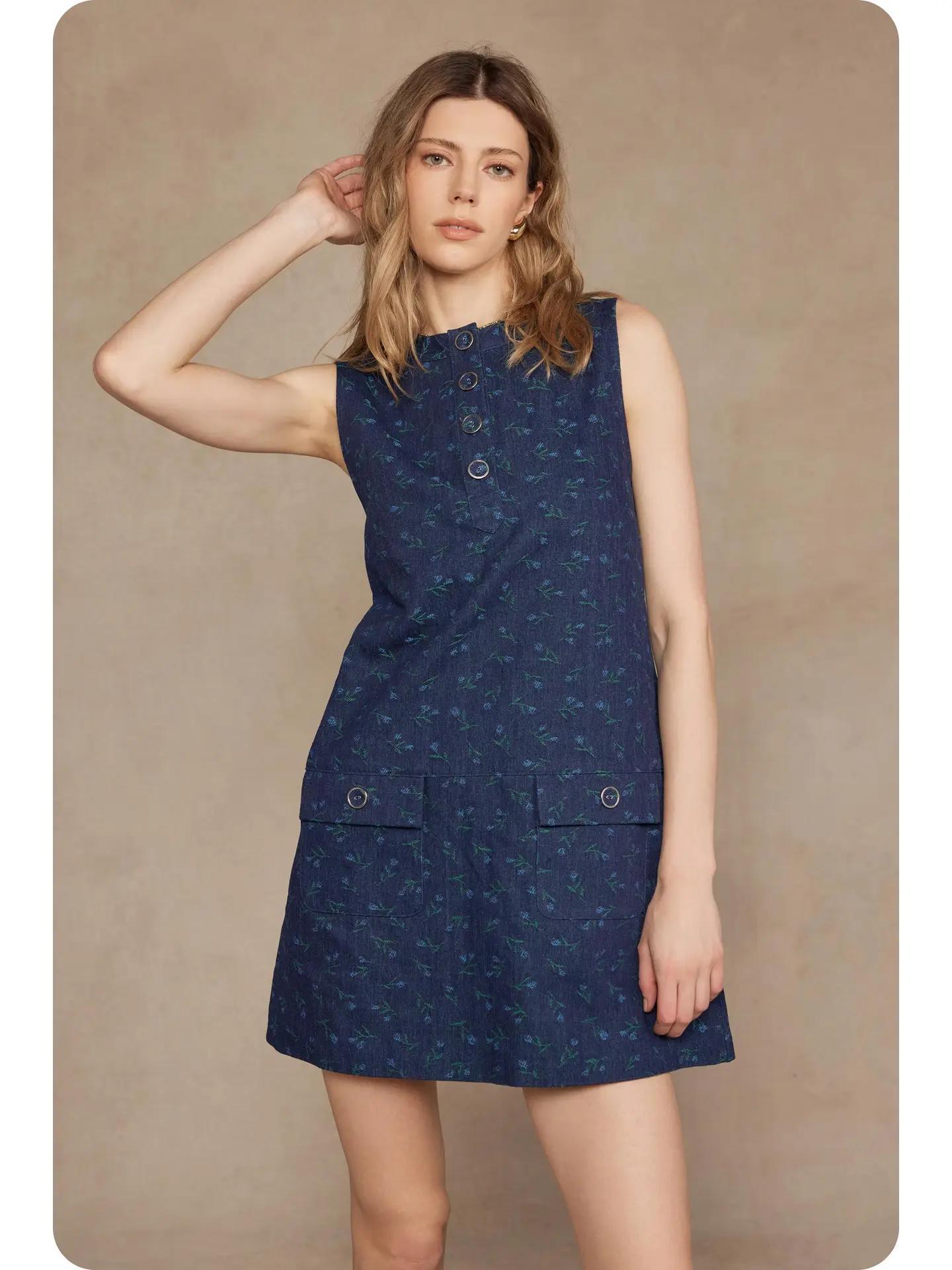 Floral Denim Sleeveless Mini Dress