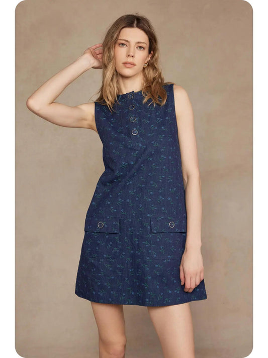 Floral Denim Sleeveless Mini Dress