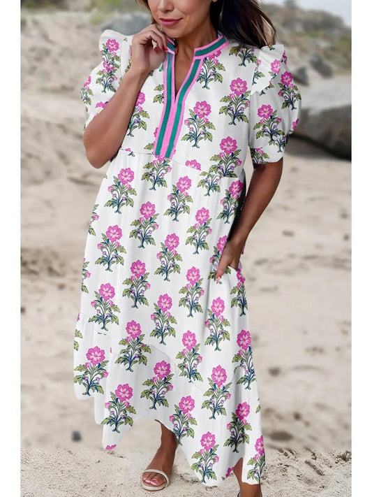 Floral Print Short Puff Sleeve Dress