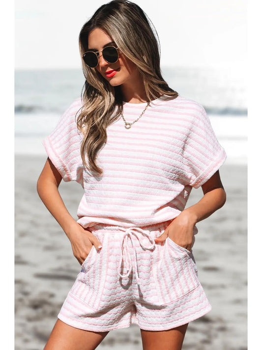 Stripe Knitted Top and Drawstring Shorts Set