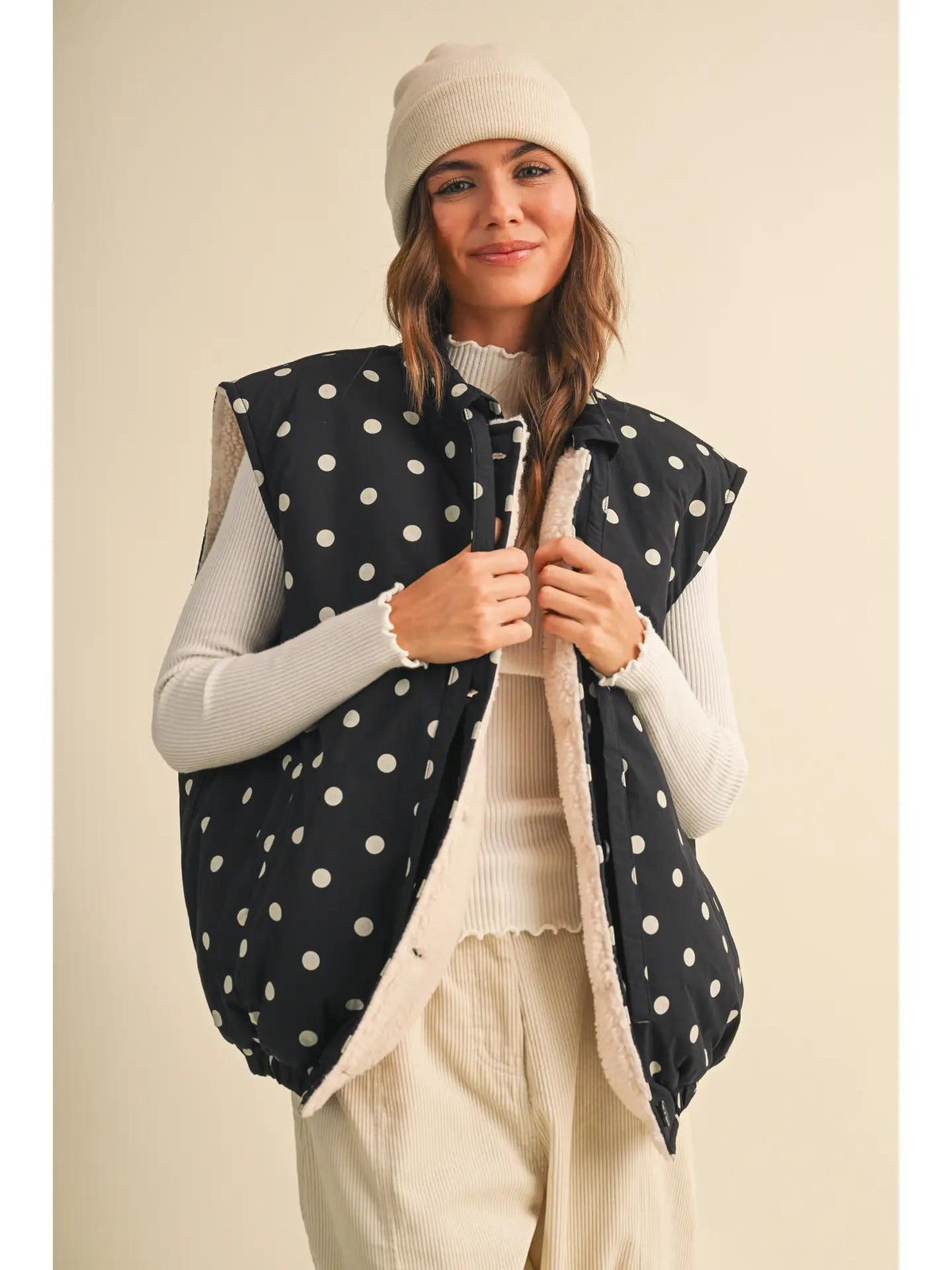 Polka Dot Printed Sherpa Combo Puff Vest