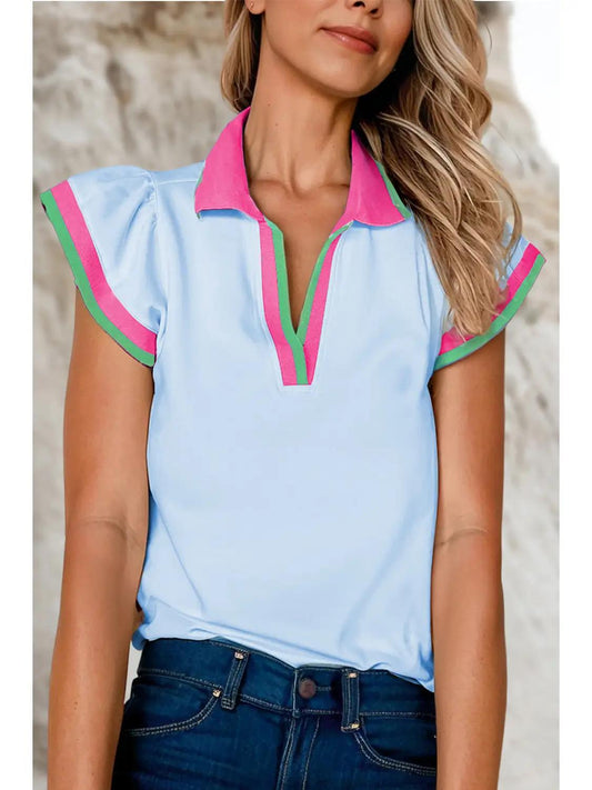 Colorblock Ruffle Sleeve V Neck Blouse
