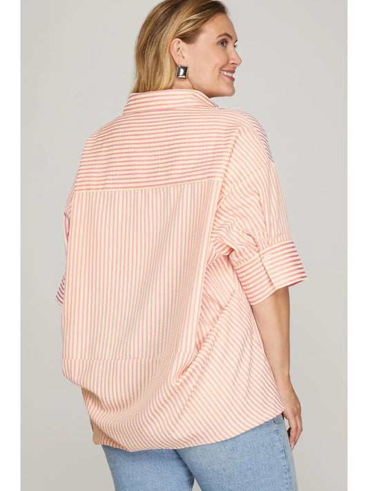 Pink Short Sleeve Oversized Striped Top