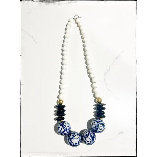 Wood, Glass Bone Bead Short Necklace Layering Chinoiserie