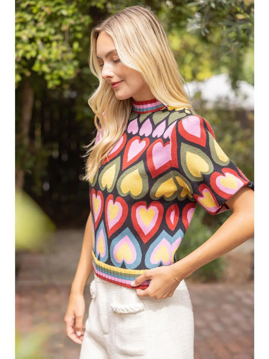 Short Bubble Sleeve Heart Print Knit Top