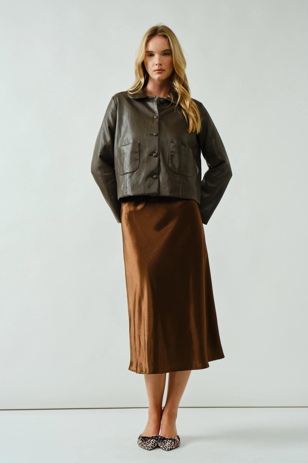 Holiday A-Line Satin Midi Skirt (Brown)