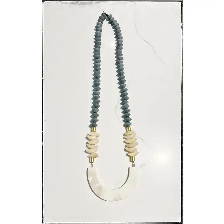 Bicone Nugget Wood & Bone Bead Long Necklace Ivory Pendant