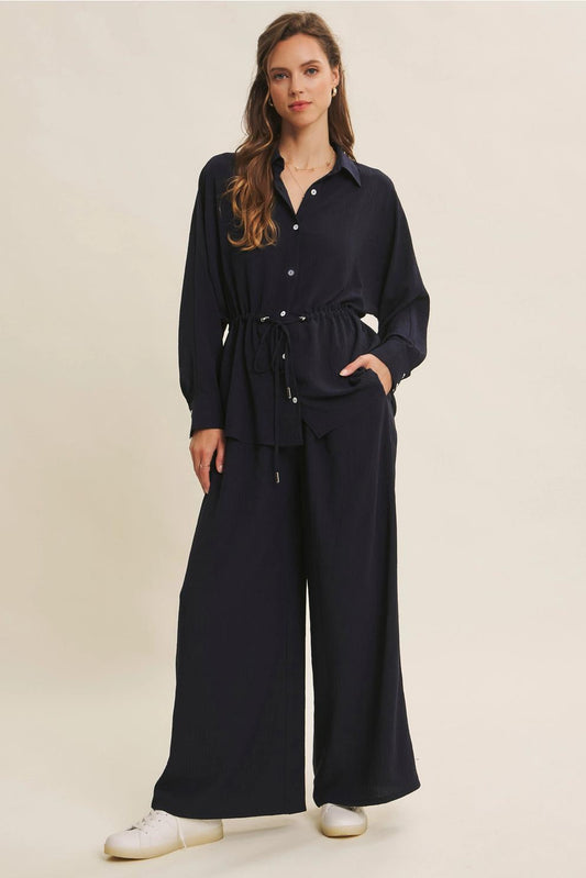 Dark Navy Button-Down Shirt with Waist Drawstrings