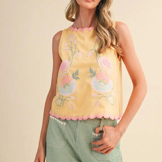 Floral Embroidery Scalloped Tank yellow