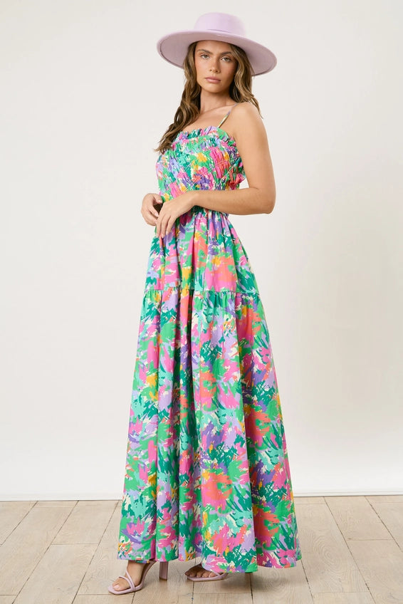 Poplin Floral Print Smocked Maxi Dress